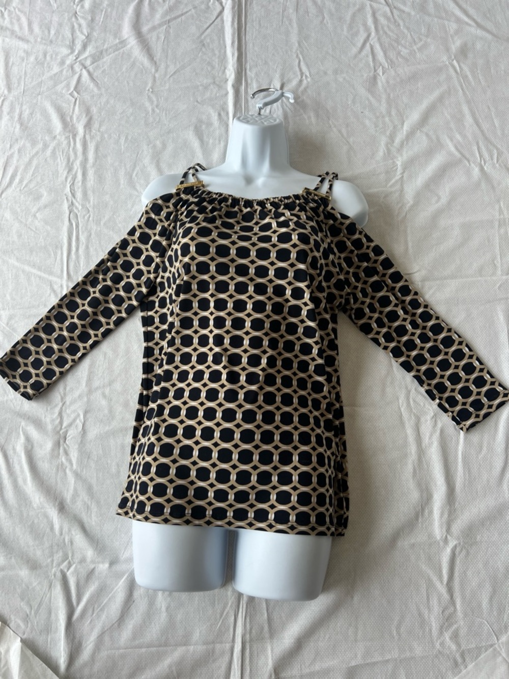 Michael Kors Small Cold Shoulder Blouse Top w/Gold Embellishment Chain Print